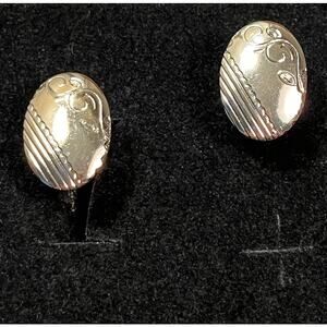 Vintage Silver Tone Oval Cufflinks Engraved Mid Century Formalwear